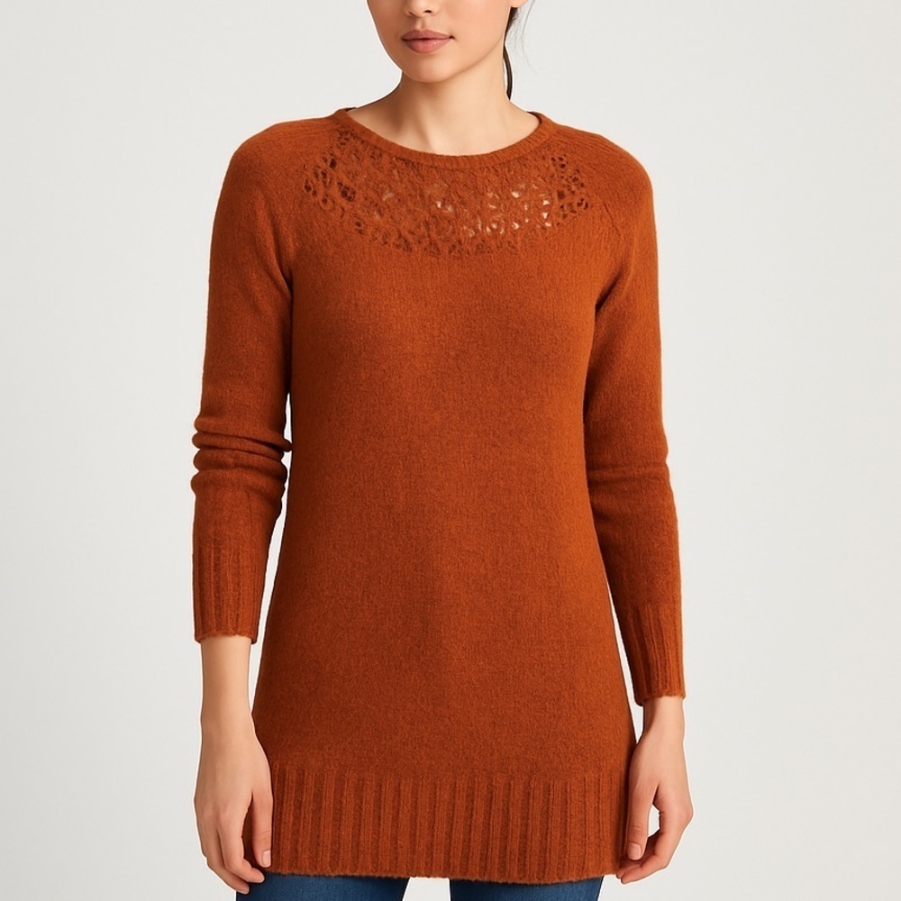 Moth cozy knit tunic sweater wool alpaca lace yoke detail rust orange large
